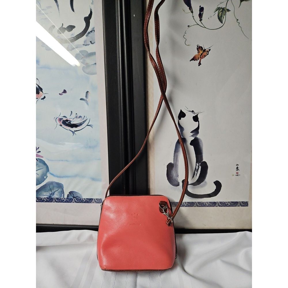 Pink genuine leather made in‎ Italy crossbody zip round small purse 7.5*6.5*3"